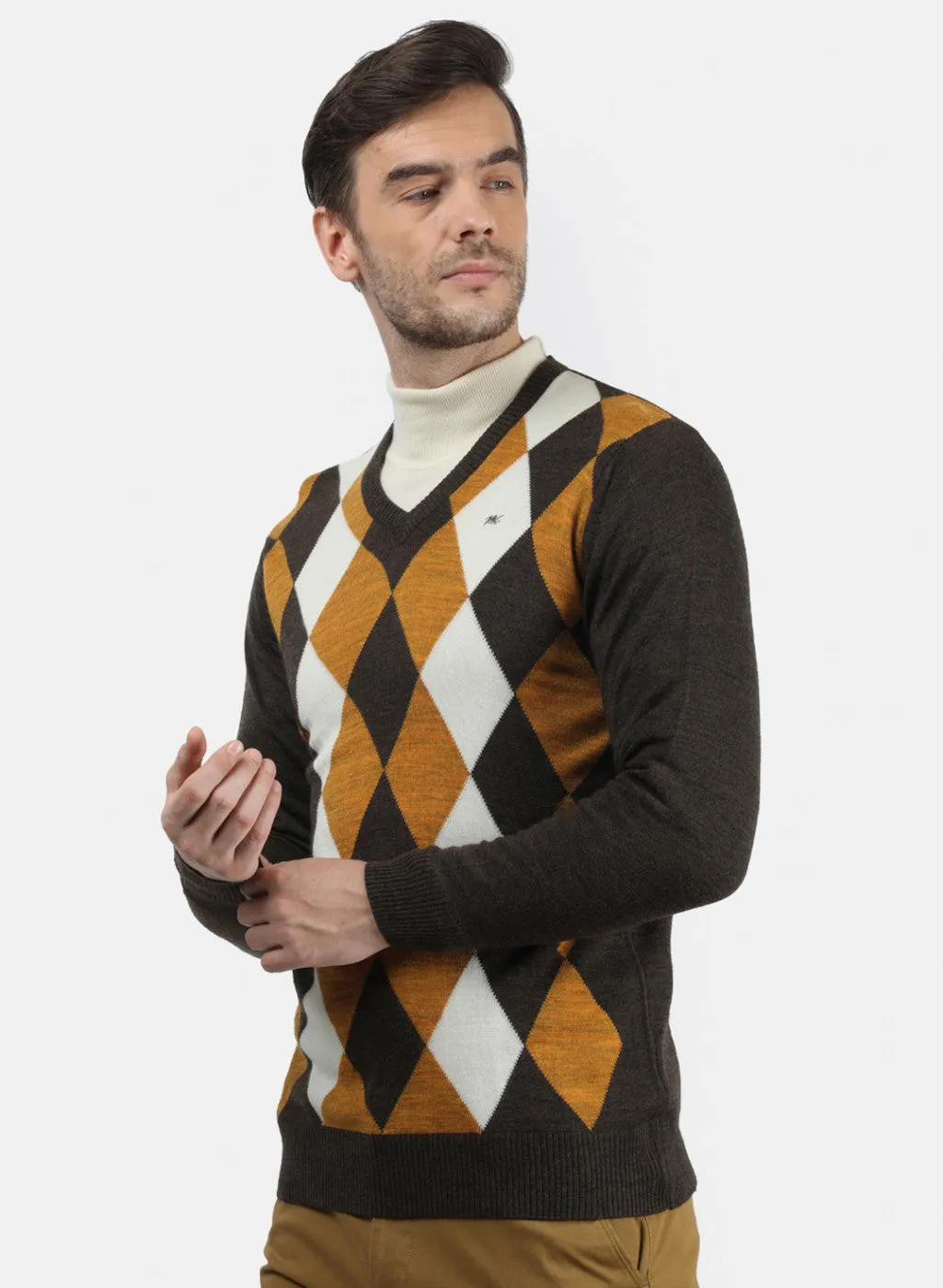 Men Brown & Yellow Solid Pullover