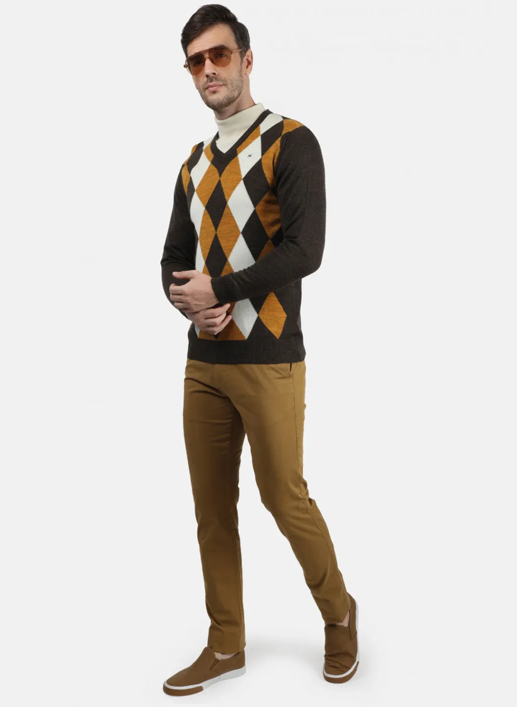 Men Brown & Yellow Solid Pullover