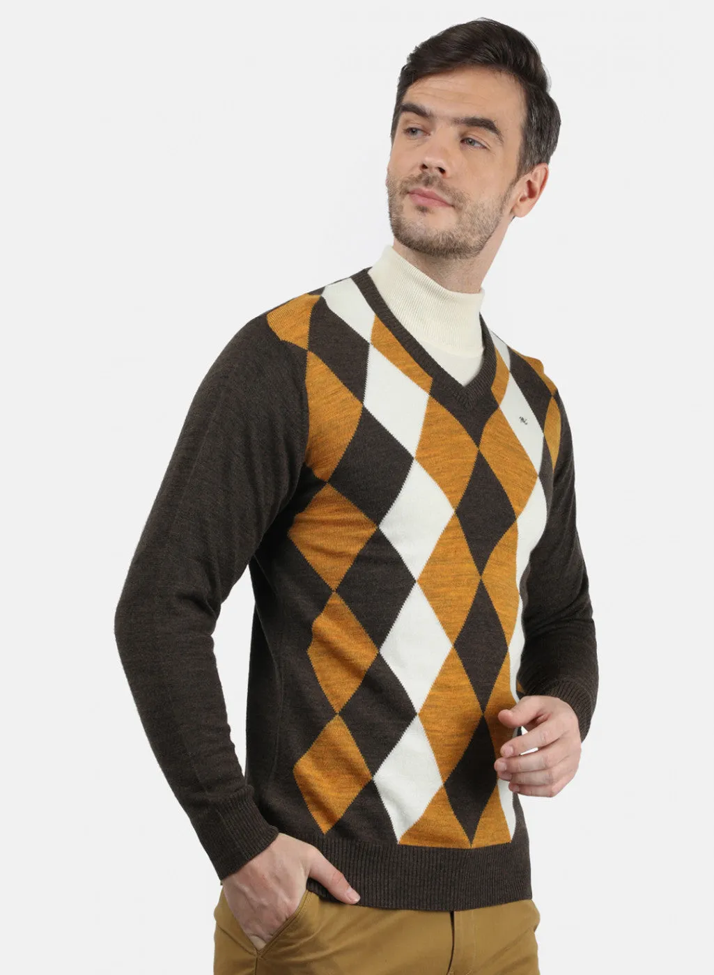 Men Brown & Yellow Solid Pullover