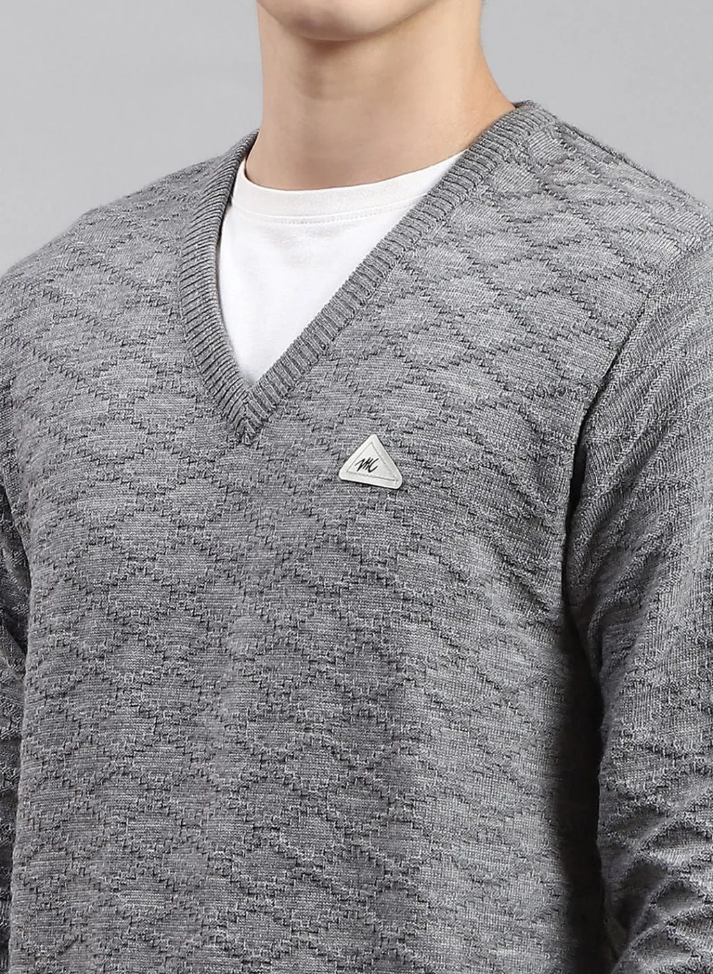 Men Grey Self Design Wool blend Pullover