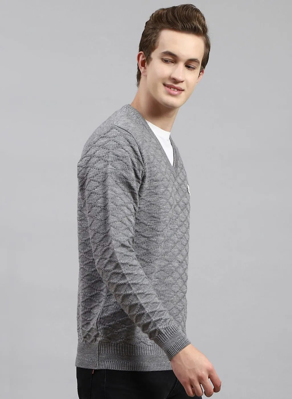 Men Grey Self Design Wool blend Pullover