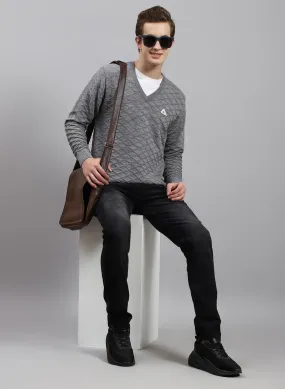 Men Grey Self Design Wool blend Pullover