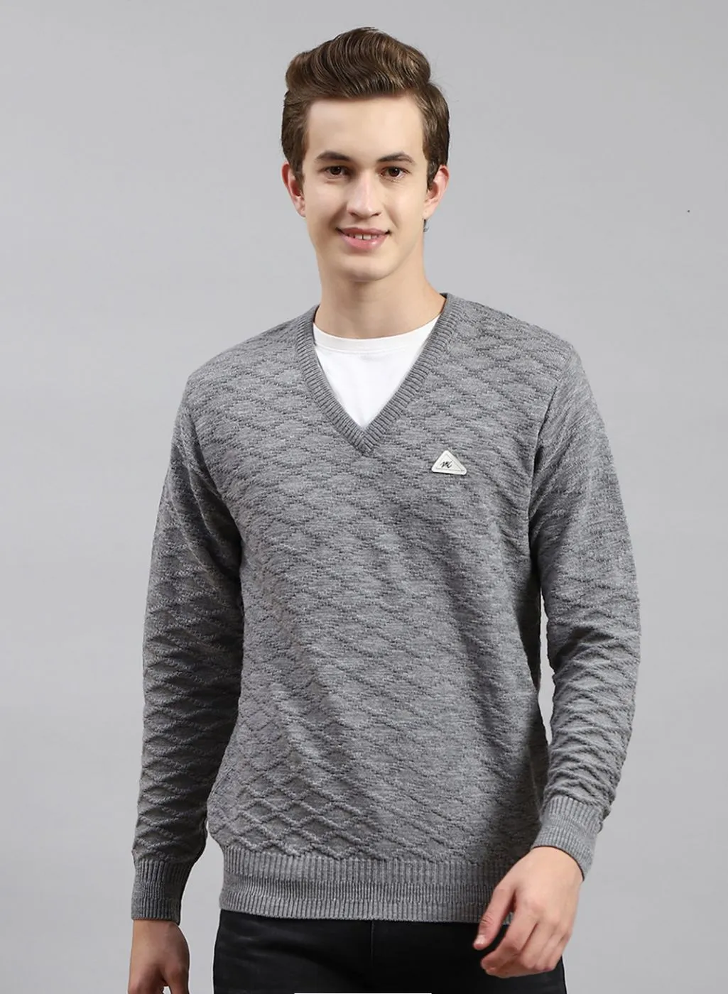 Men Grey Self Design Wool blend Pullover