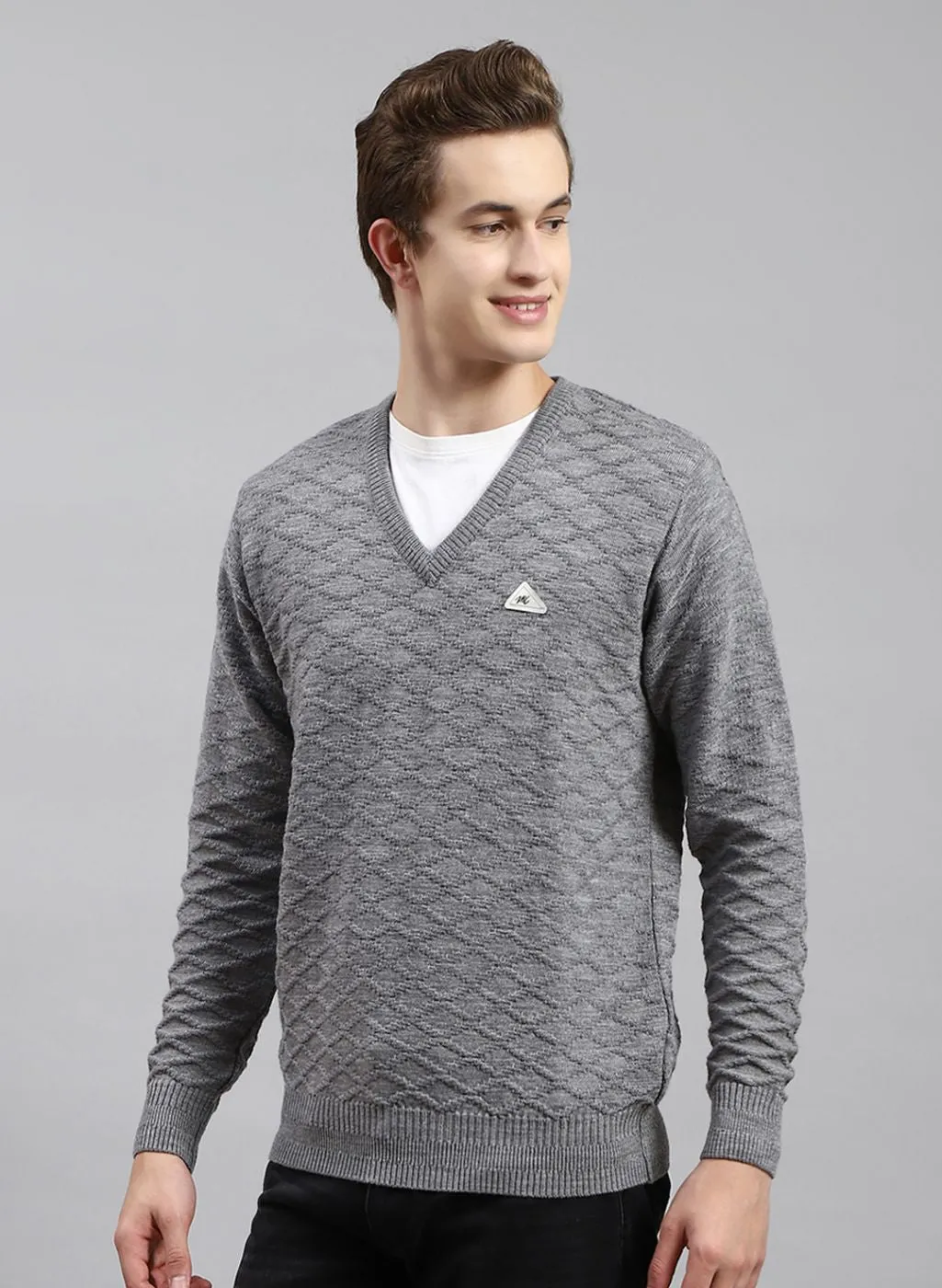 Men Grey Self Design Wool blend Pullover