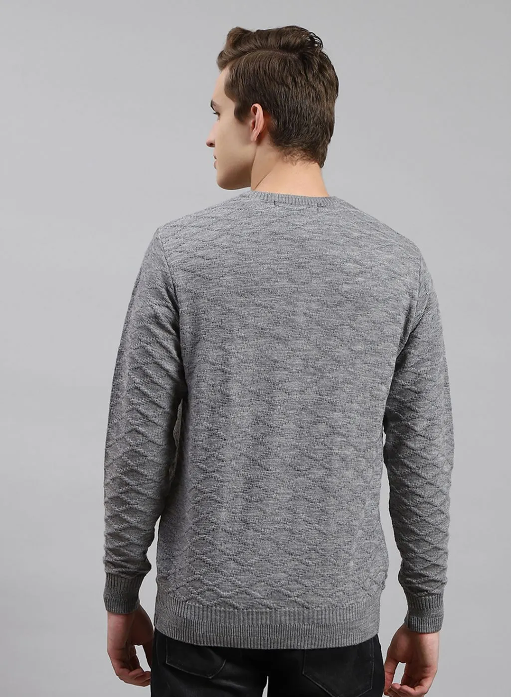 Men Grey Self Design Wool blend Pullover