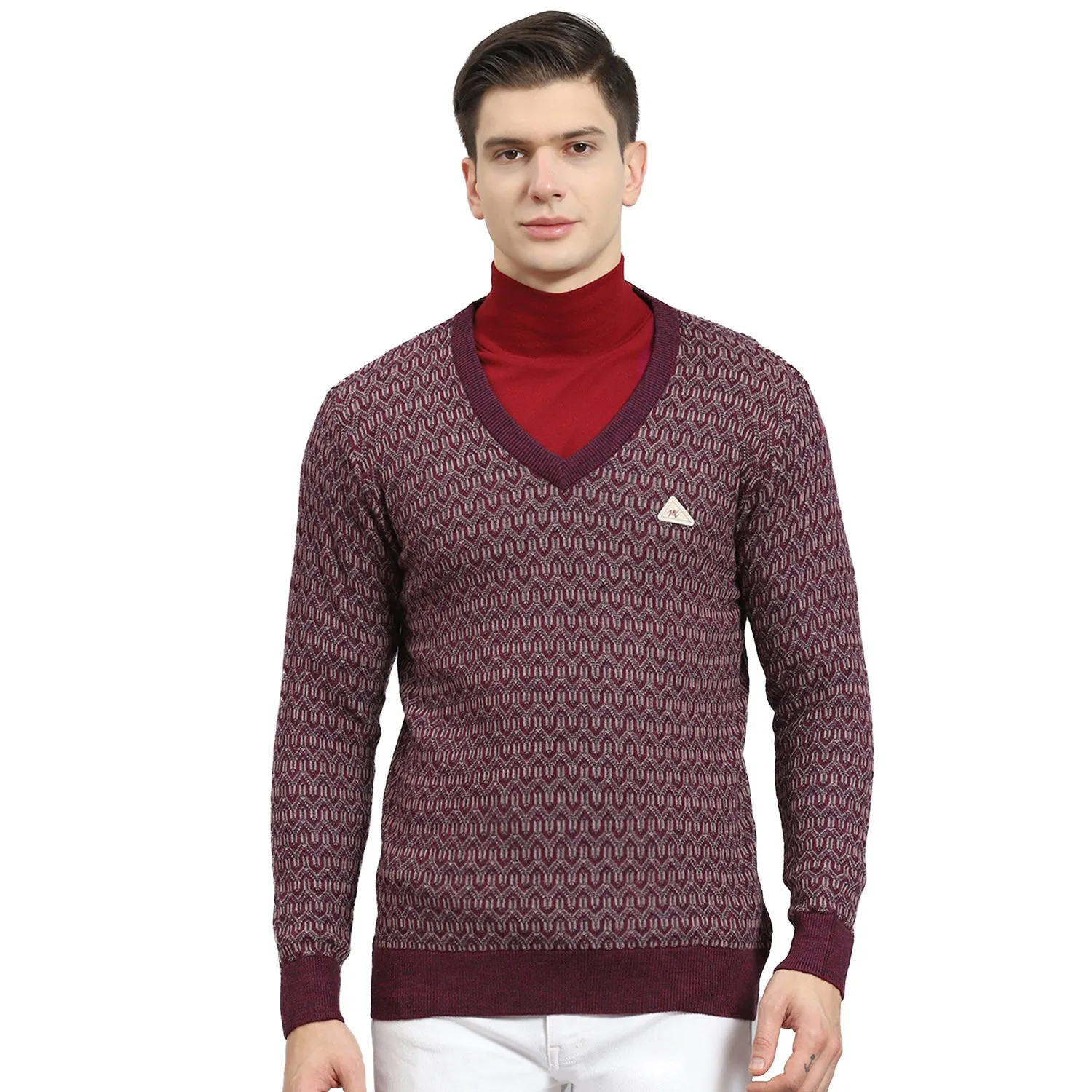 Men Purple Self Design V Neck Full Sleeve Sweater