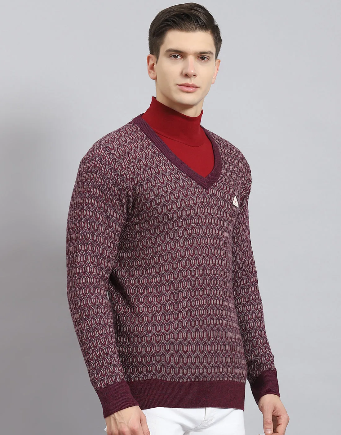 Men Purple Self Design V Neck Full Sleeve Sweater