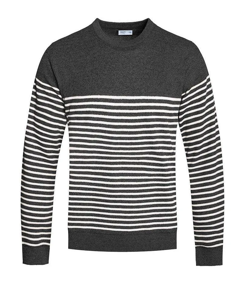 Mens Full Knit Pullover Sweater Grey Striped