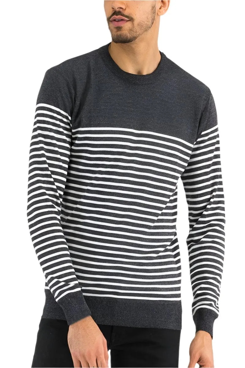 Mens Full Knit Pullover Sweater Grey Striped