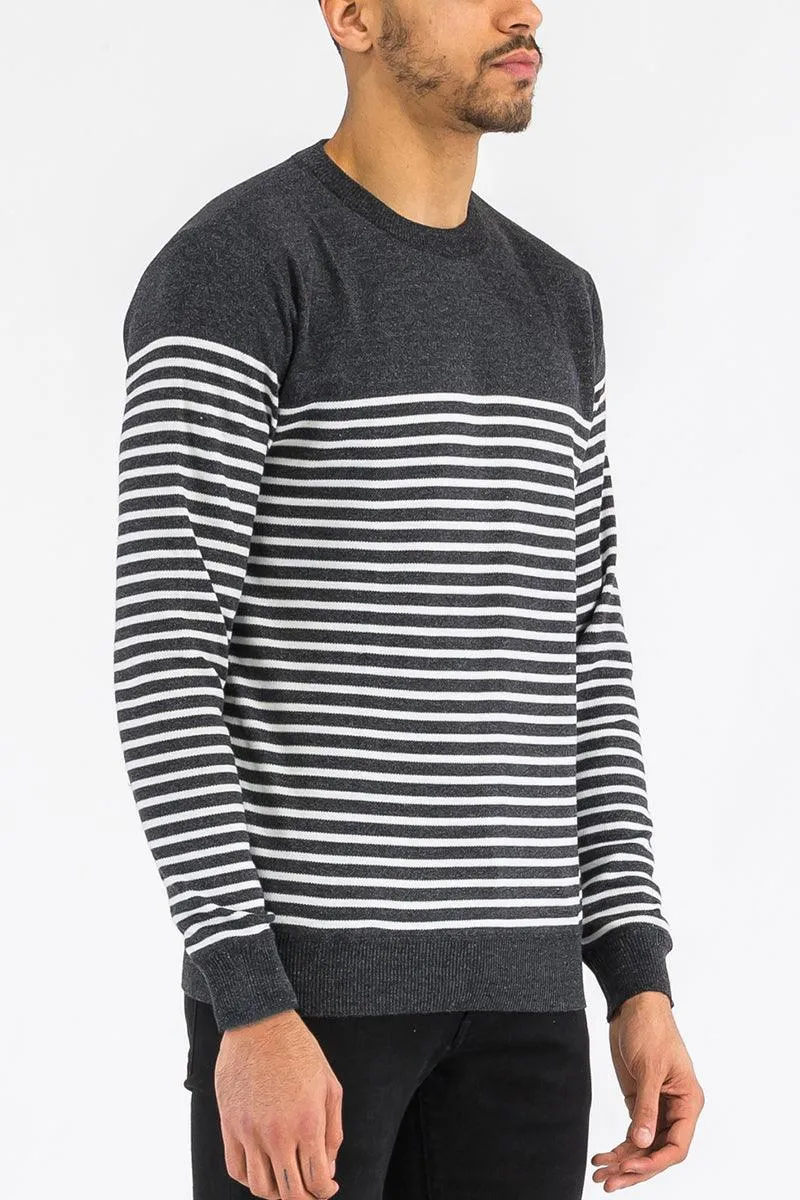 Mens Full Knit Pullover Sweater Grey Striped