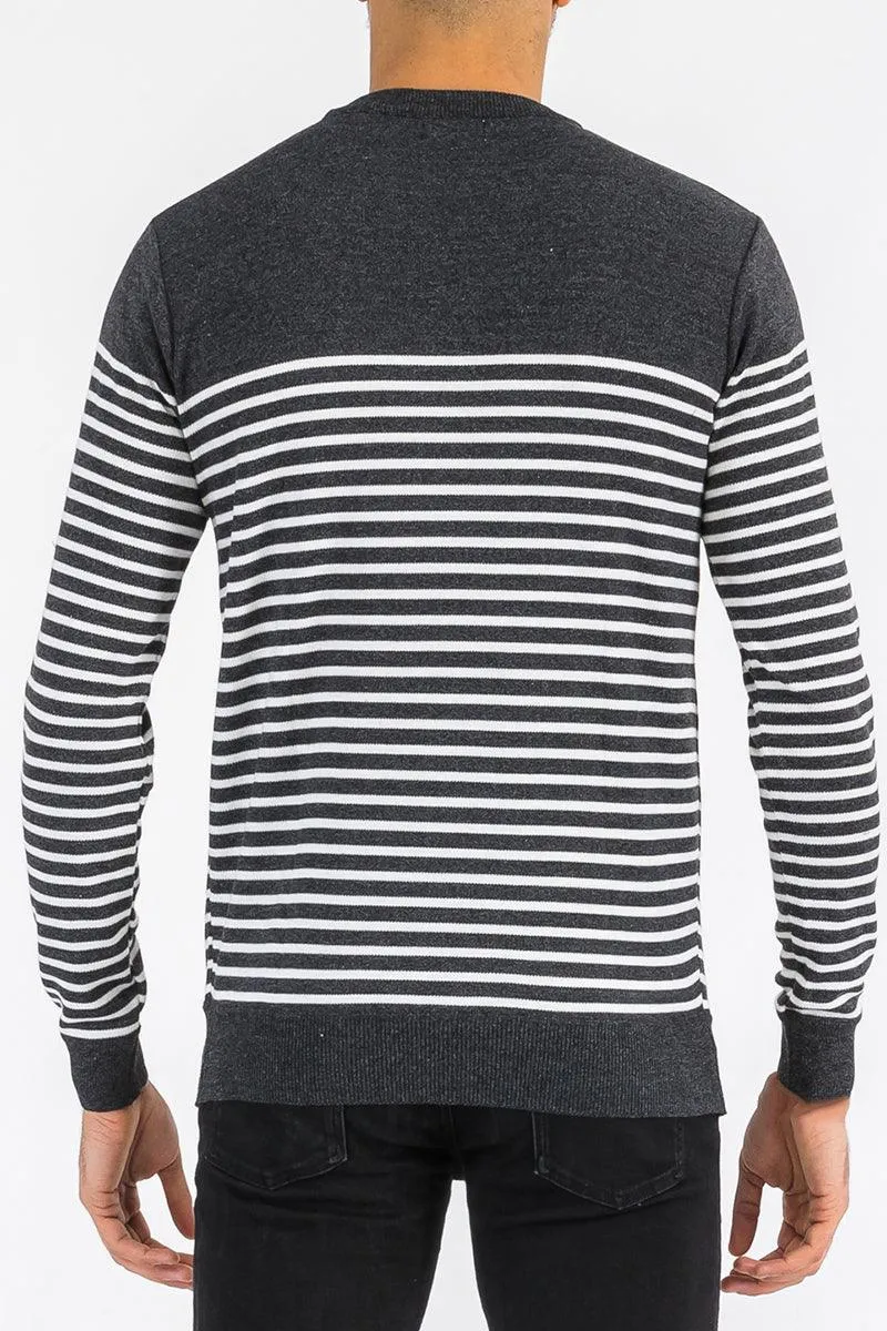 Mens Full Knit Pullover Sweater Grey Striped