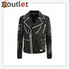 Mens Punk Biker Full Black Studded Embroidery Patches Leather Jacket