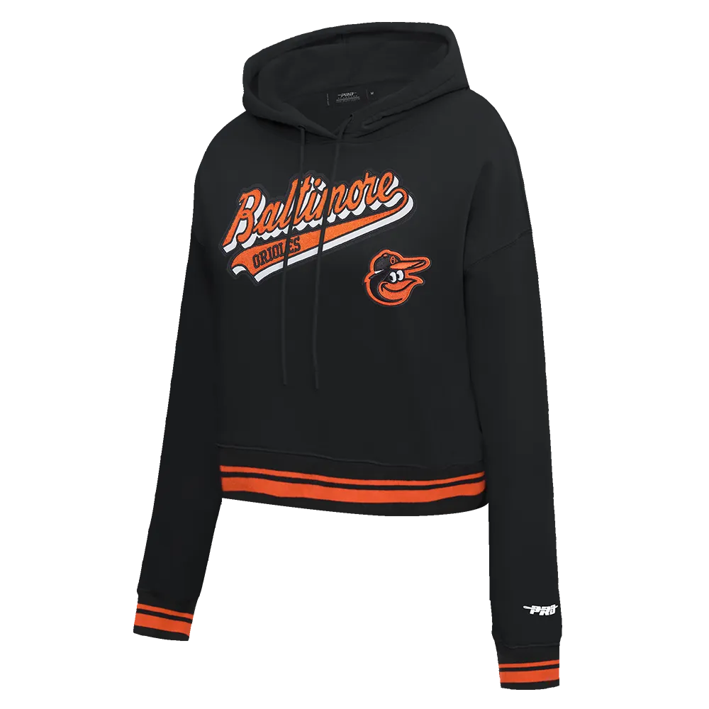 MLB BALTIMORE ORIOLES SCRIPT TAIL WOMEN'S RIB FLC CROPPED PO HOODIE (BLACK/ORANGE)