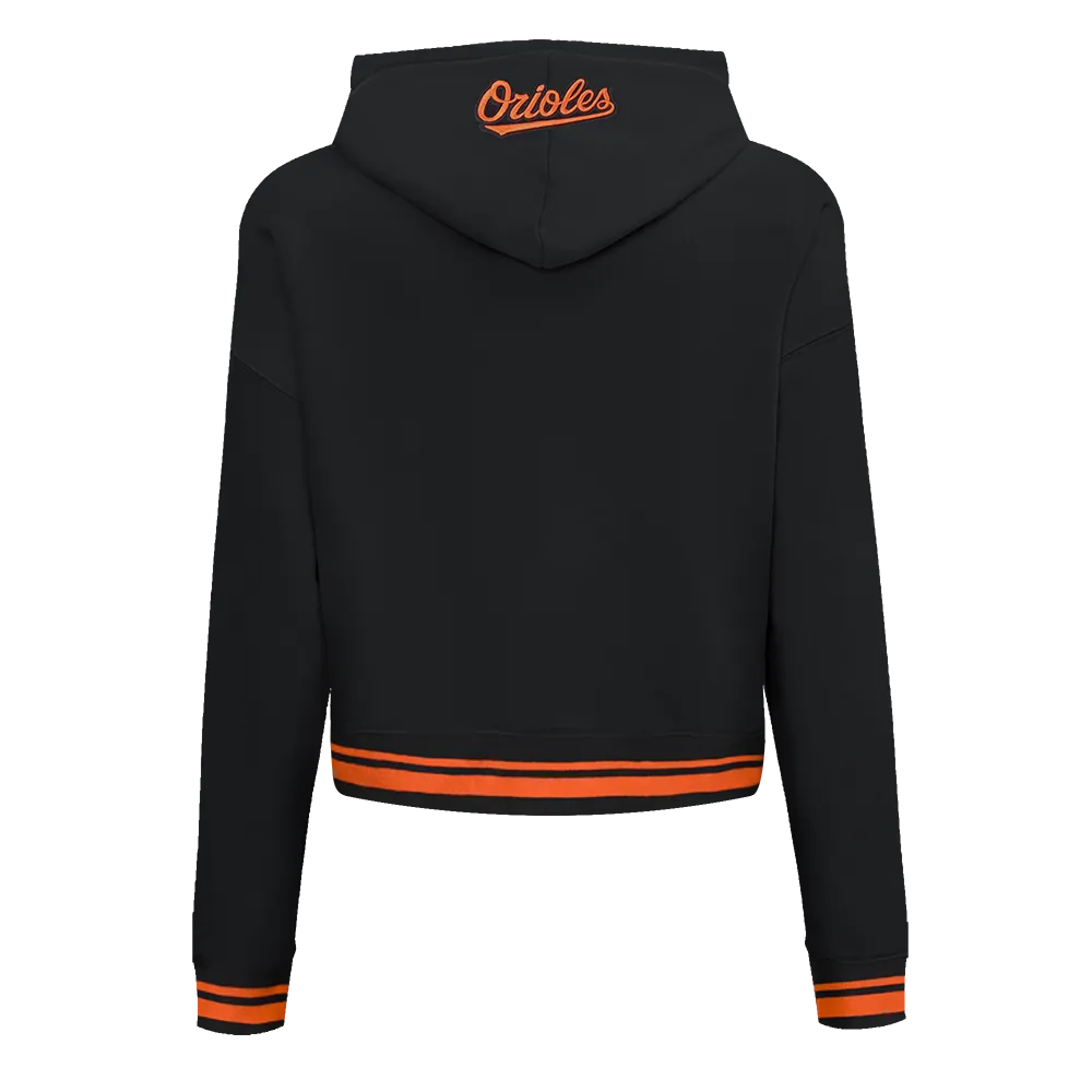 MLB BALTIMORE ORIOLES SCRIPT TAIL WOMEN'S RIB FLC CROPPED PO HOODIE (BLACK/ORANGE)