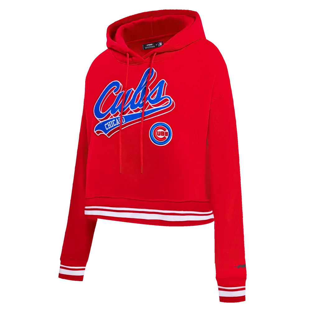 MLB CHICAGO CUBS SCRIPT TAIL WOMEN'S RIB FLC CROPPED PO HOODIE (RED)