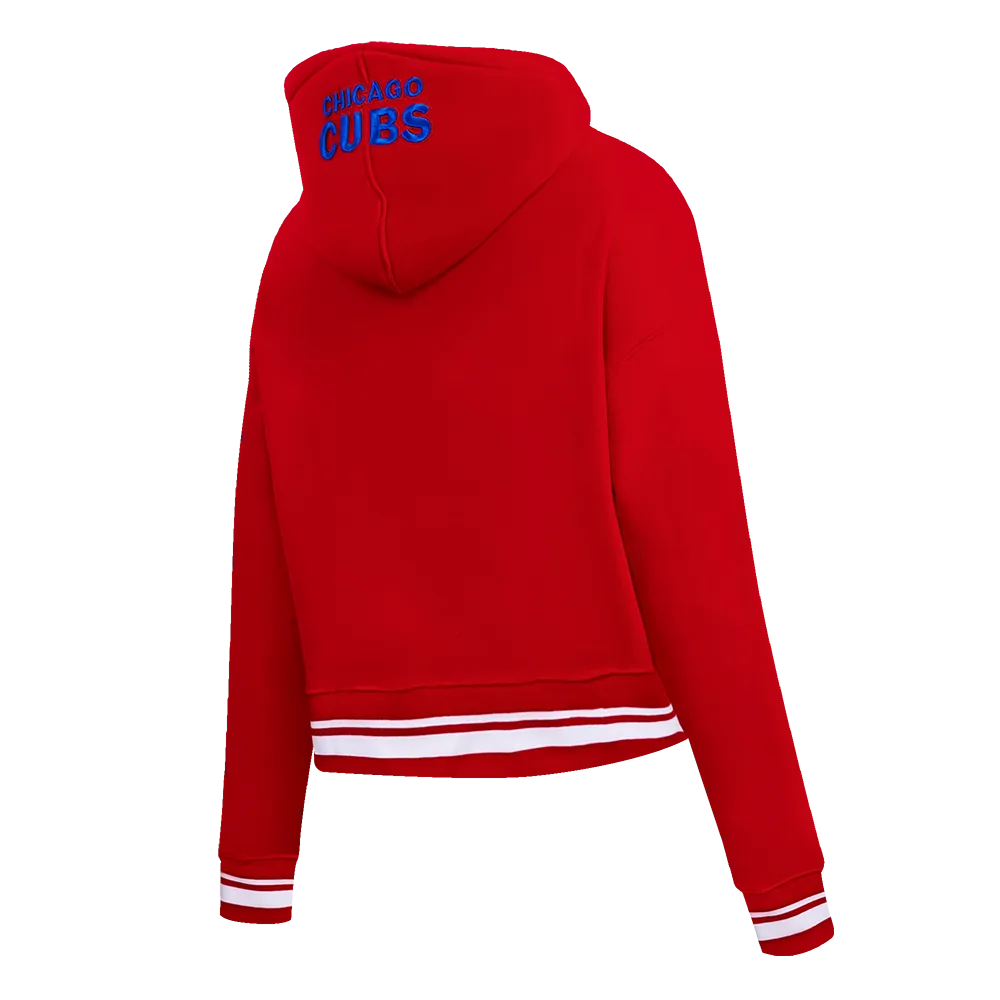 MLB CHICAGO CUBS SCRIPT TAIL WOMEN'S RIB FLC CROPPED PO HOODIE (RED)