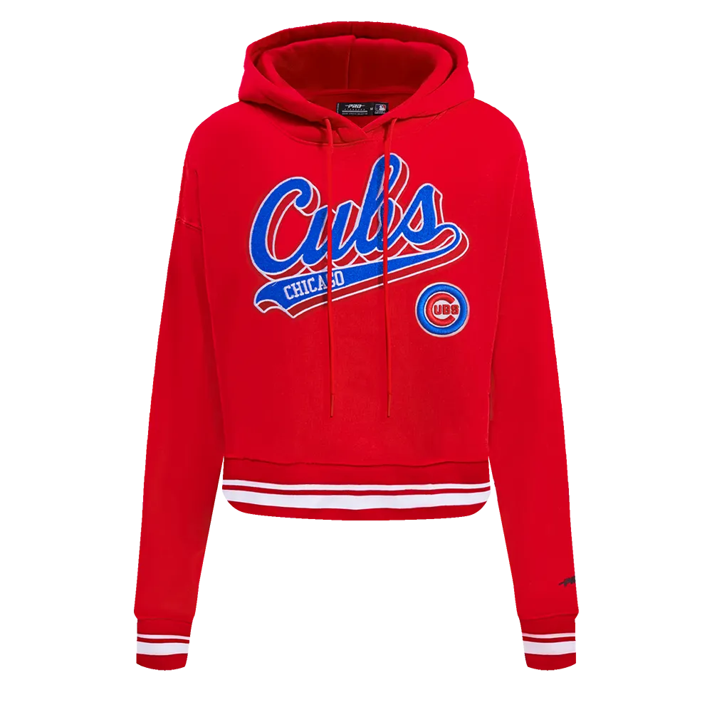 MLB CHICAGO CUBS SCRIPT TAIL WOMEN'S RIB FLC CROPPED PO HOODIE (RED)