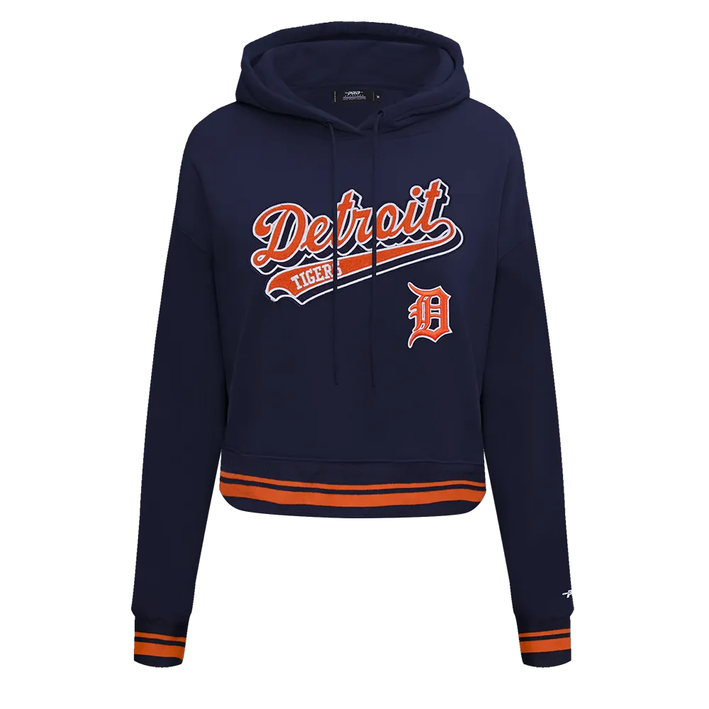 MLB DETROIT TIGERS SCRIPT TAIL WOMEN'S RIB FLC CROPPED PO HOODIE (MIDNIGHT NAVY/ORANGE/MIDNIGHT NAVY)