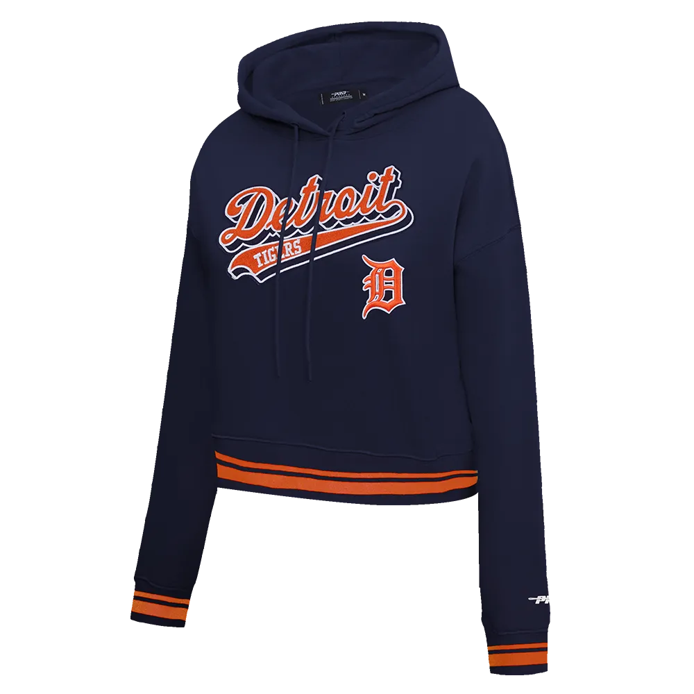 MLB DETROIT TIGERS SCRIPT TAIL WOMEN'S RIB FLC CROPPED PO HOODIE (MIDNIGHT NAVY/ORANGE/MIDNIGHT NAVY)