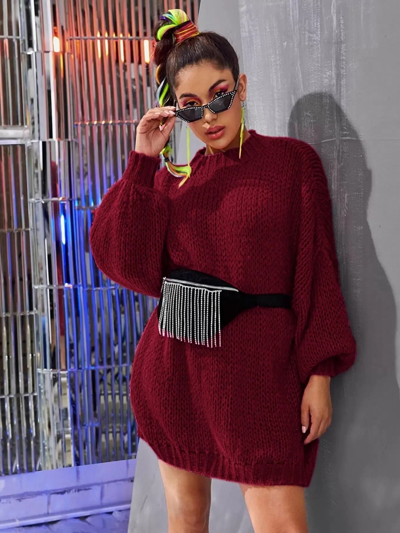 Mock Neck Puff Sleeve Jumper Dress Without Bag