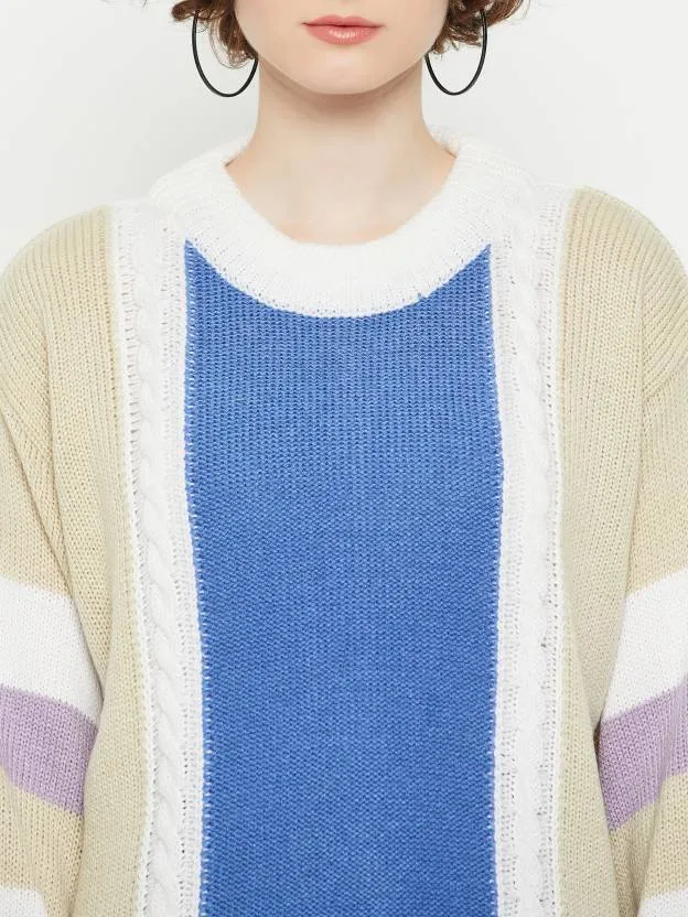 Multicolor Color block Round neck sweater