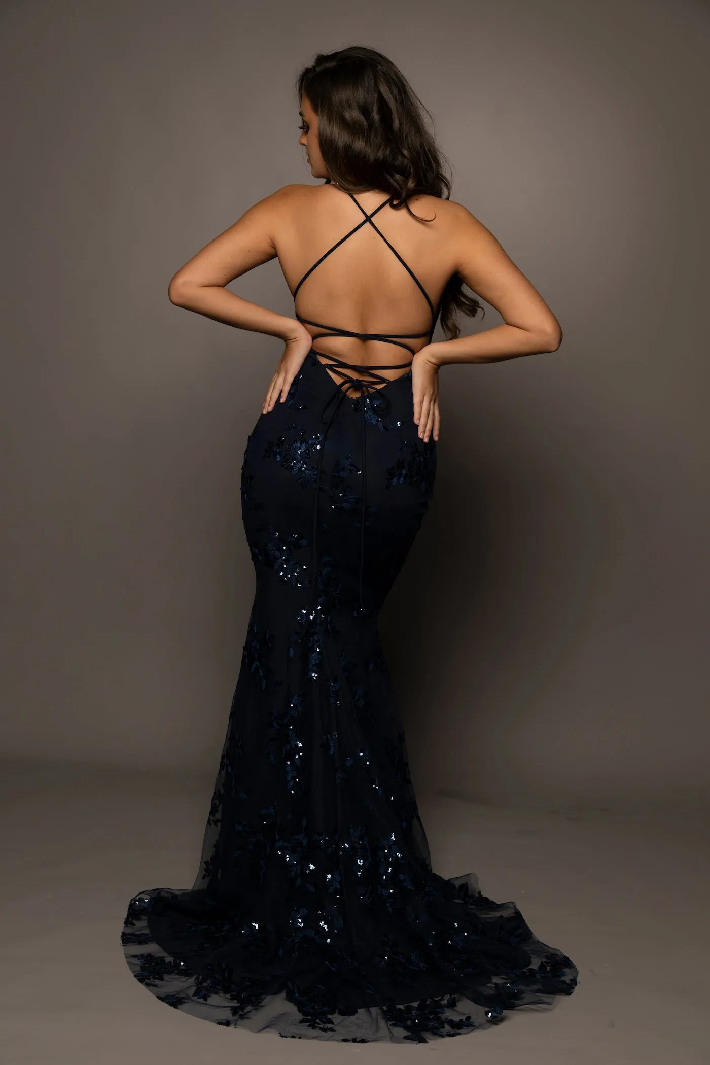 Navy Blue Sparkling lace criss-cross back mermaid dress