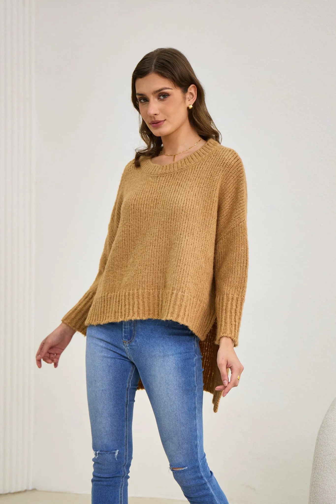 Nora Brown Step Hem Knit Sweater