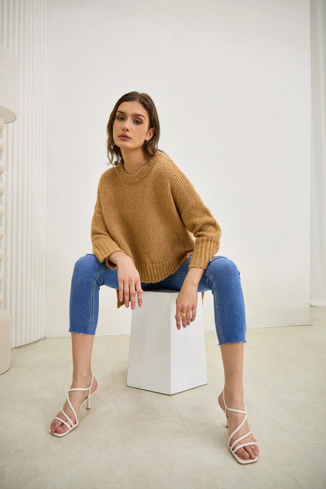 Nora Brown Step Hem Knit Sweater