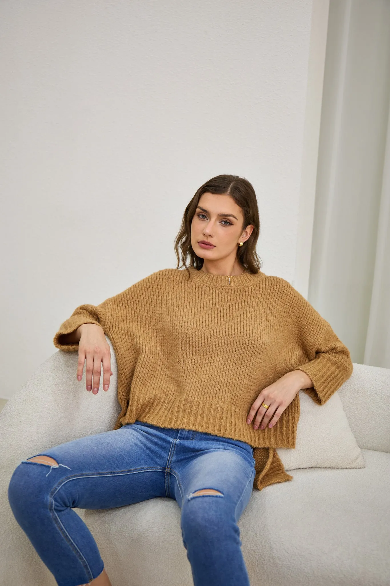 Nora Brown Step Hem Knit Sweater