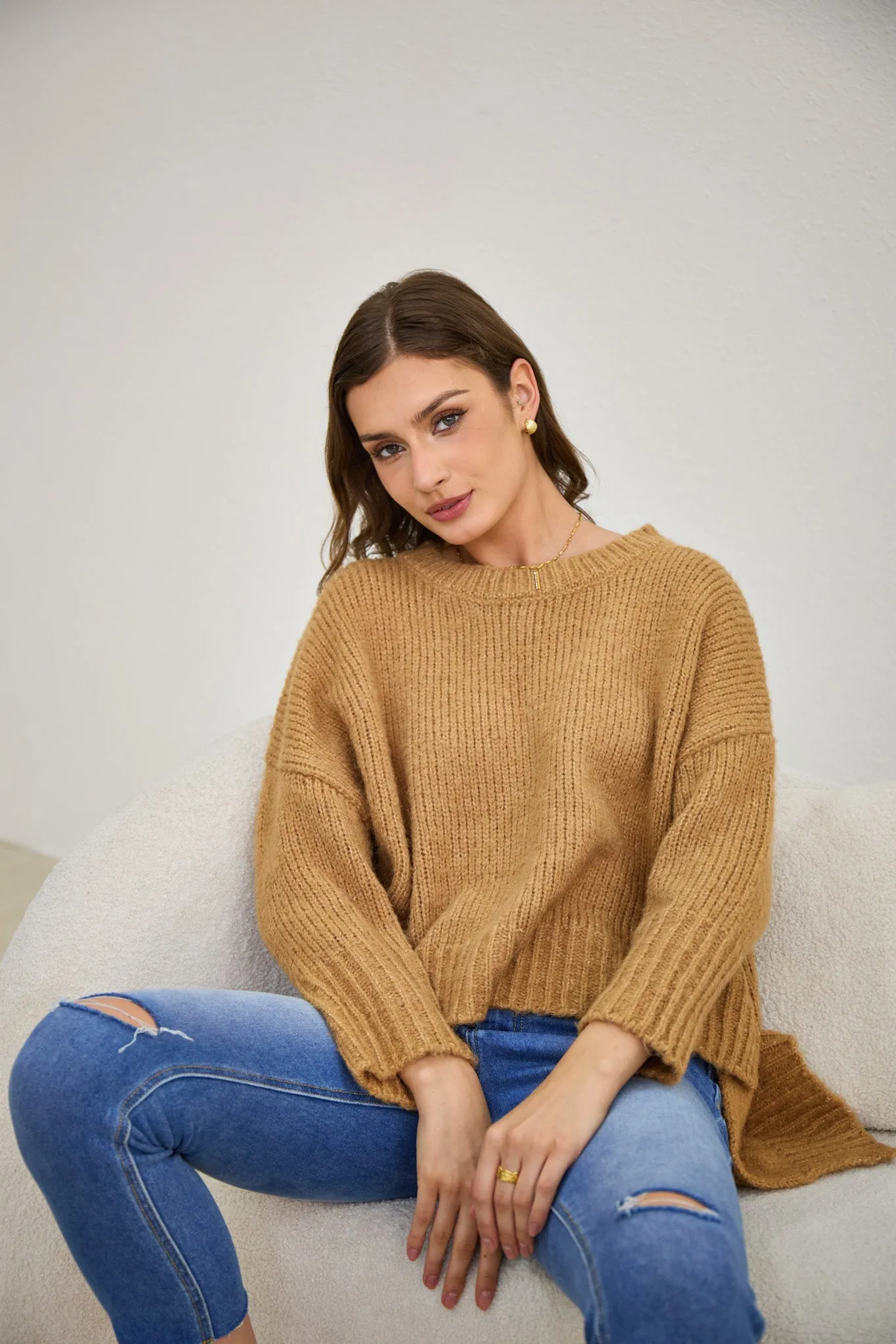 Nora Brown Step Hem Knit Sweater