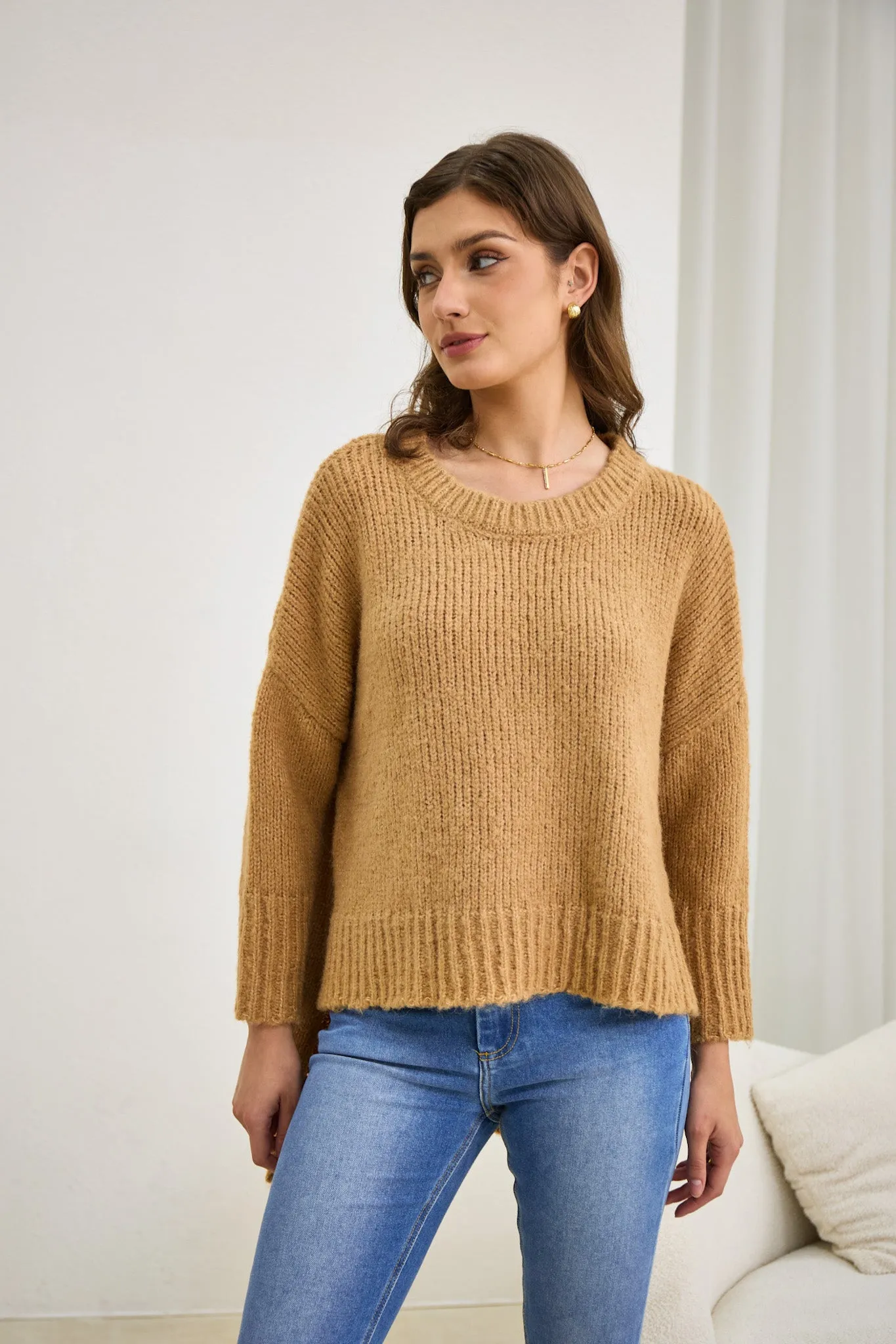 Nora Brown Step Hem Knit Sweater