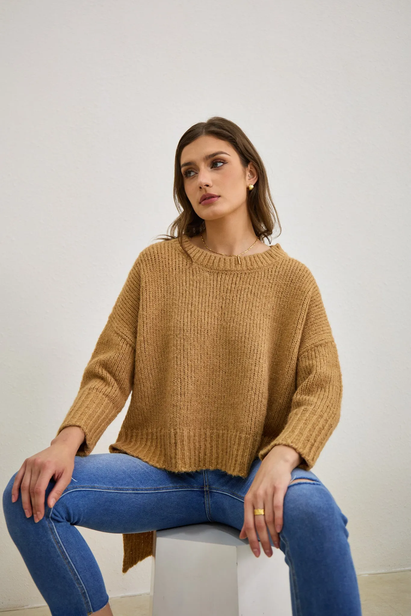 Nora Brown Step Hem Knit Sweater