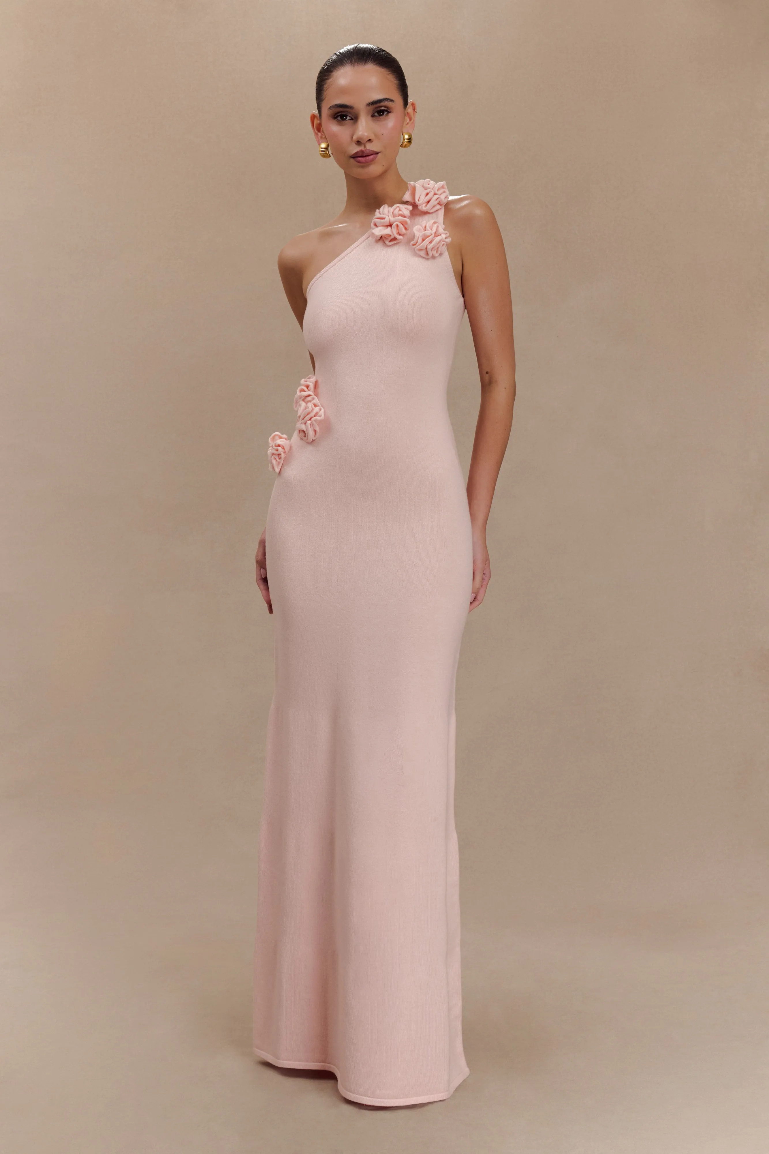 Paloma One Shoulder Knit Maxi Dress With Flowers - Baby Pink