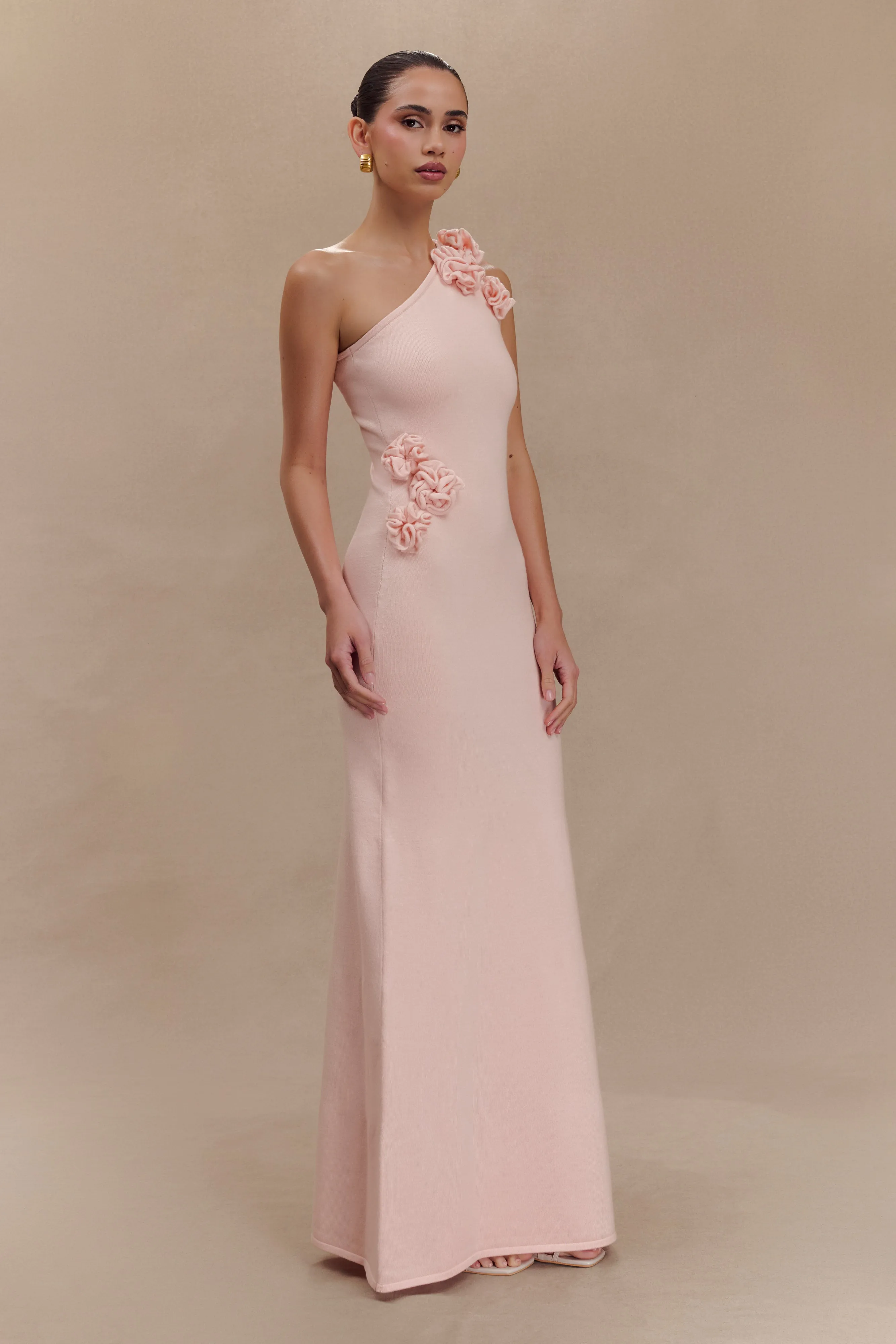 Paloma One Shoulder Knit Maxi Dress With Flowers - Baby Pink