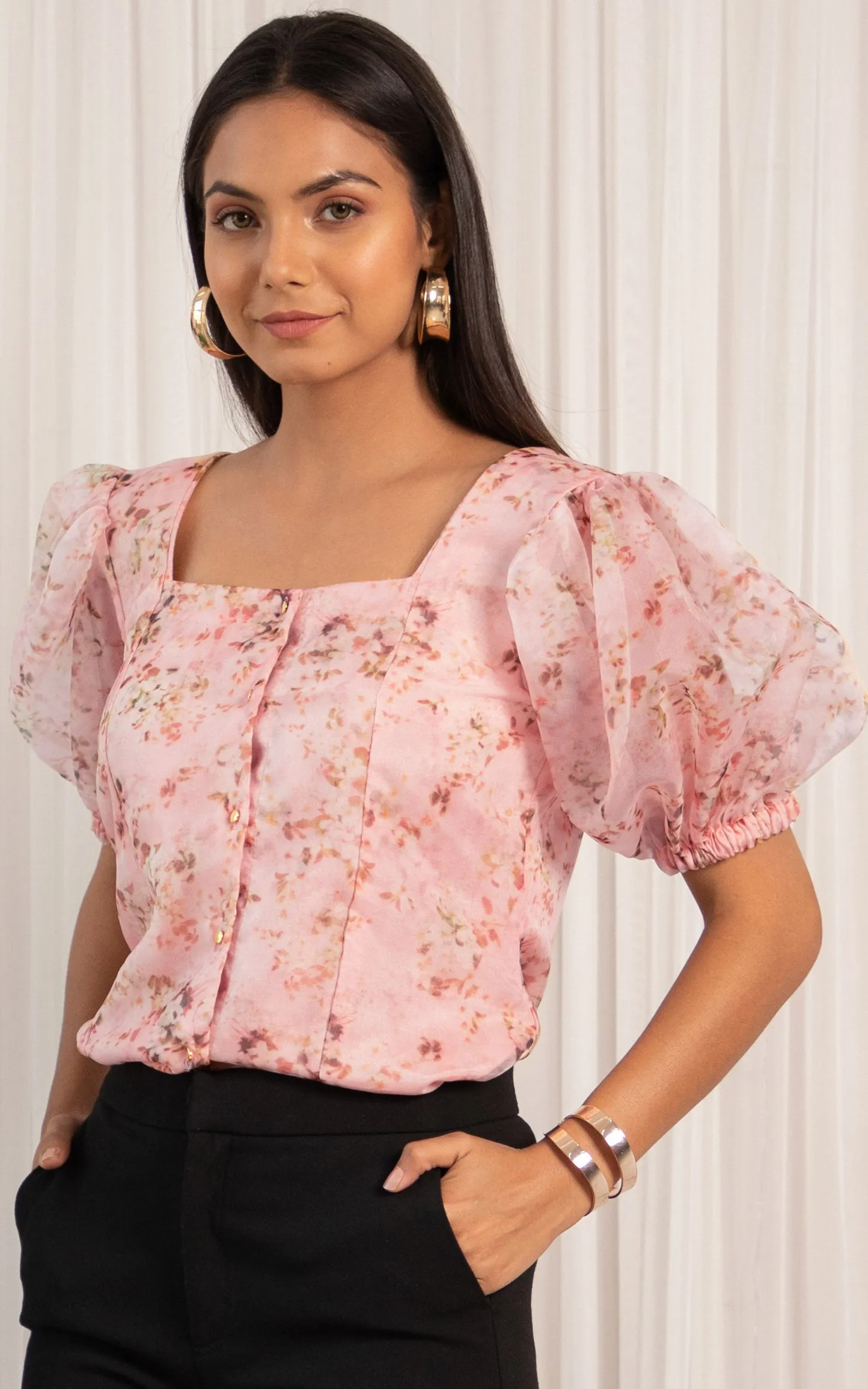 Pastel Pink Fluffed Sleeve Organza Shirt Top