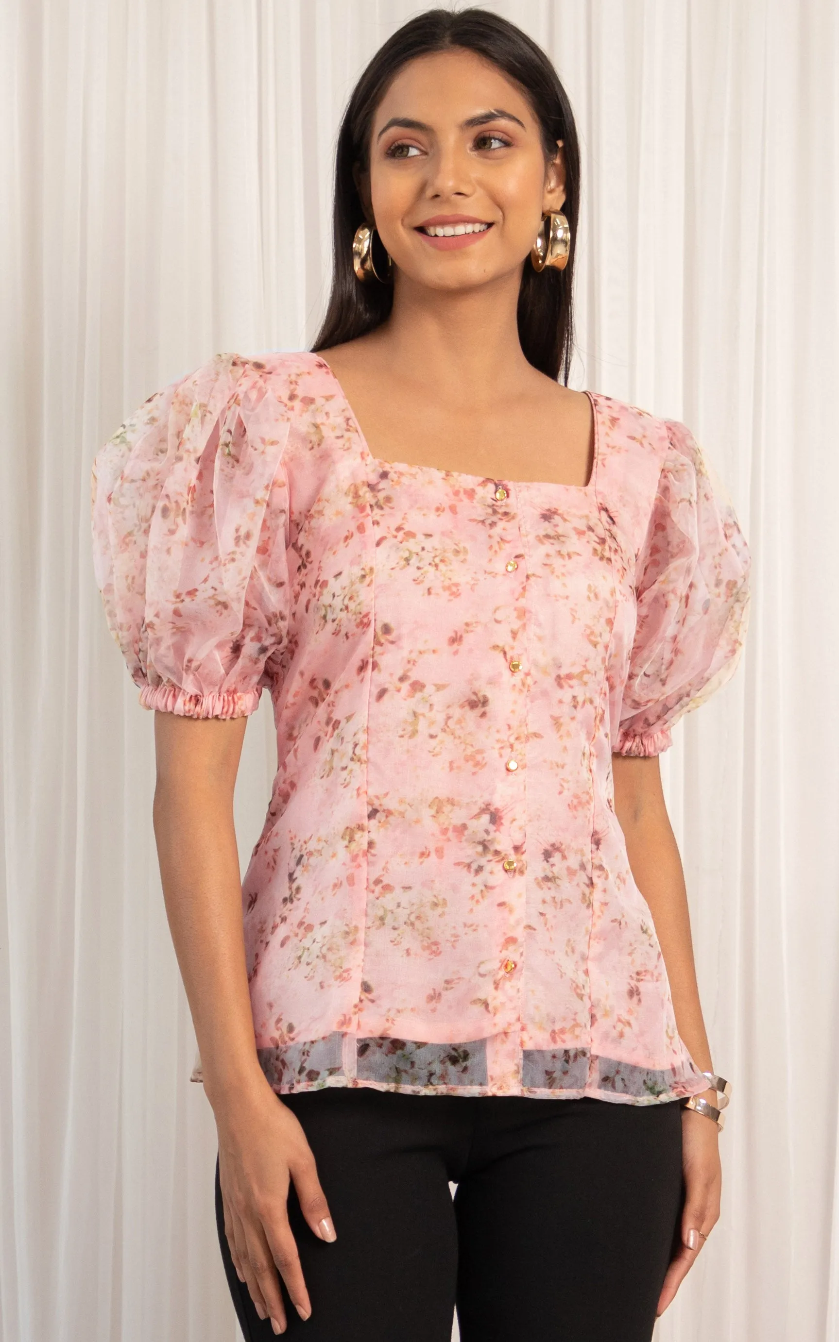 Pastel Pink Fluffed Sleeve Organza Shirt Top