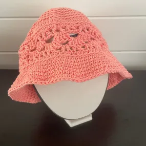 Peach Hand Crocheted Bucket Hat Vintage Retro Style 23.25" Outdoor Handmade Knit Sun Beach Floppy Brim Open Stitch Band Accent Pastel Cotton