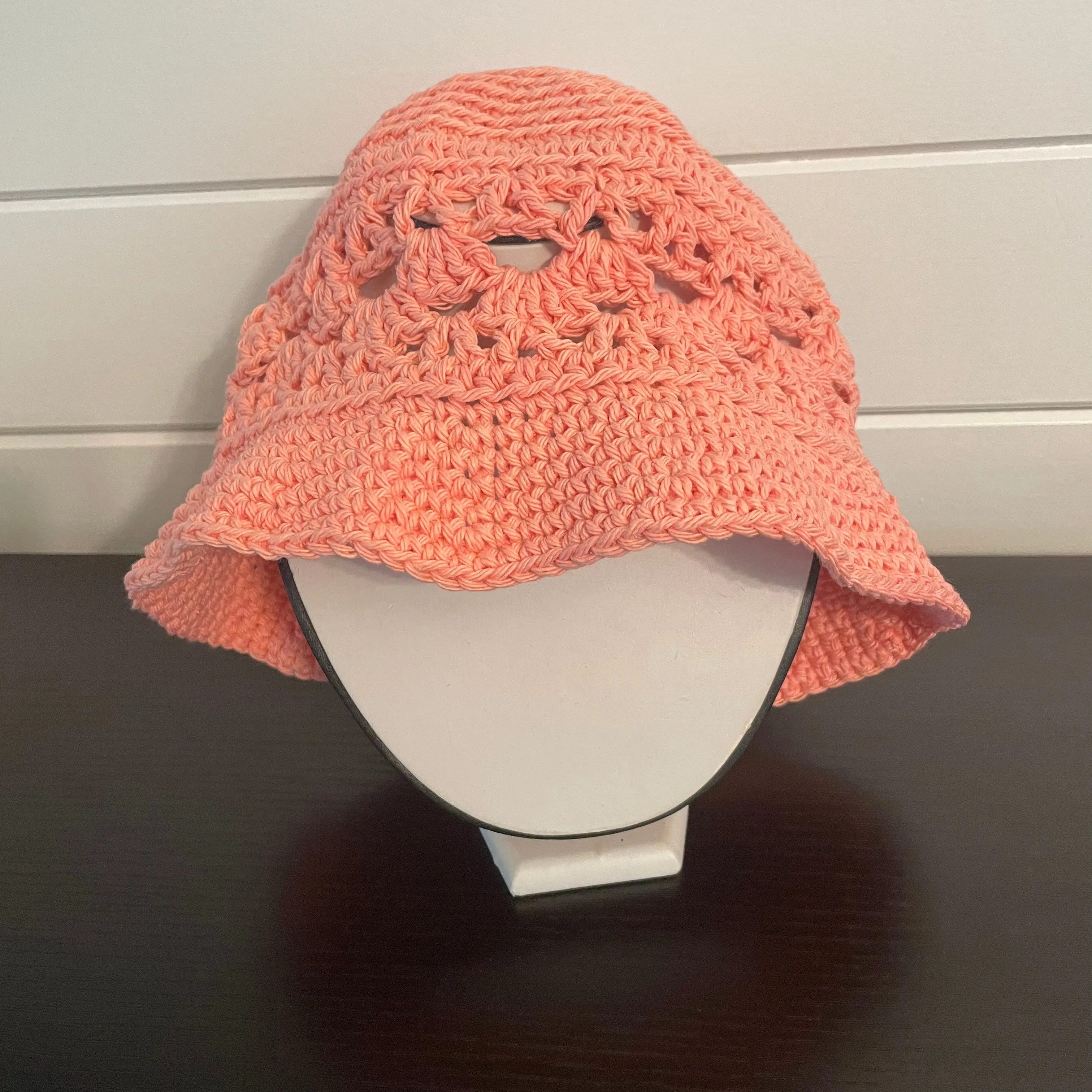 Peach Hand Crocheted Bucket Hat Vintage Retro Style 23.25" Outdoor Handmade Knit Sun Beach Floppy Brim Open Stitch Band Accent Pastel Cotton