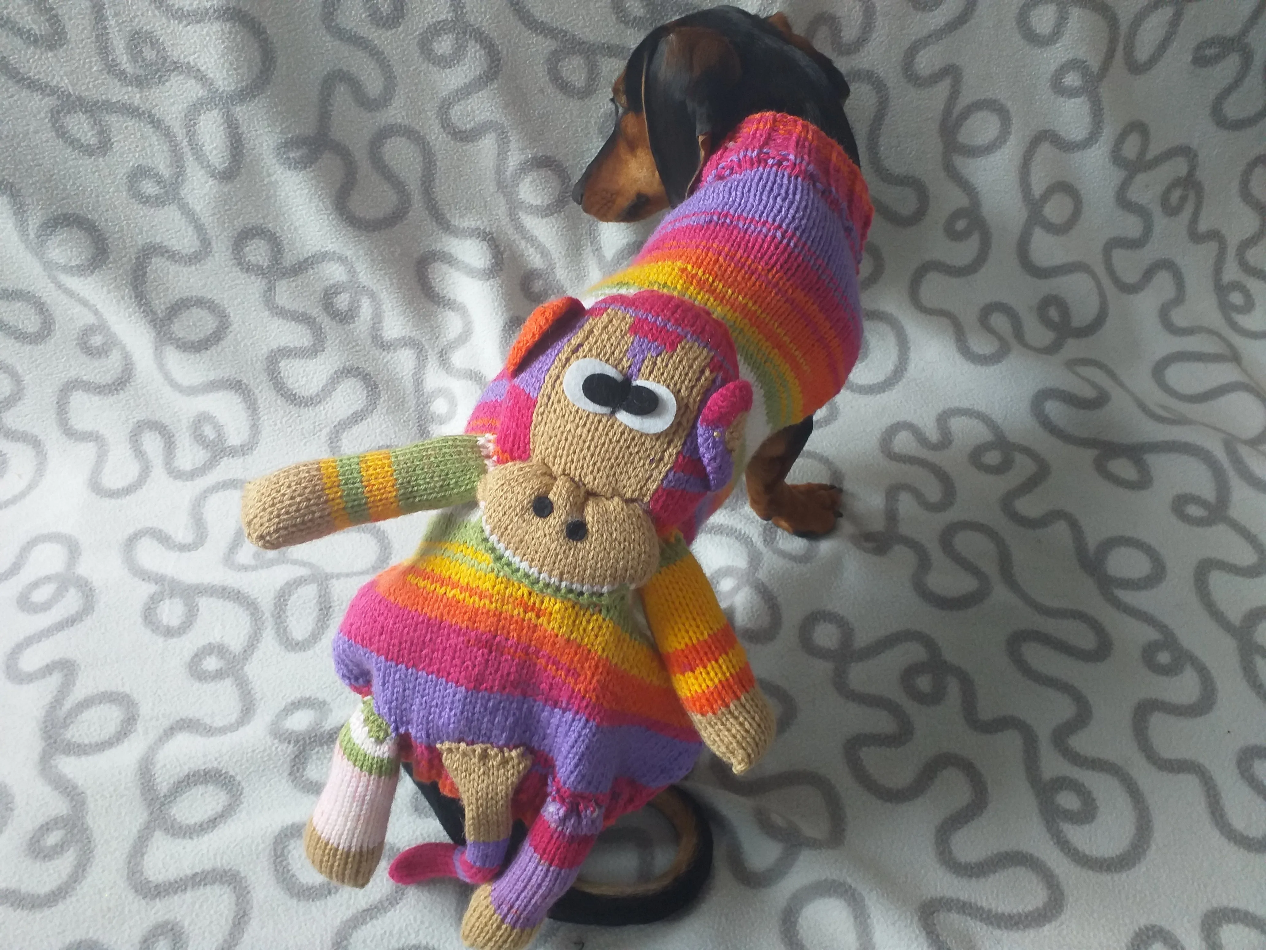 Pet clothes costume with toy monkey, dog sweater monkey, jumper for dachshund monkey