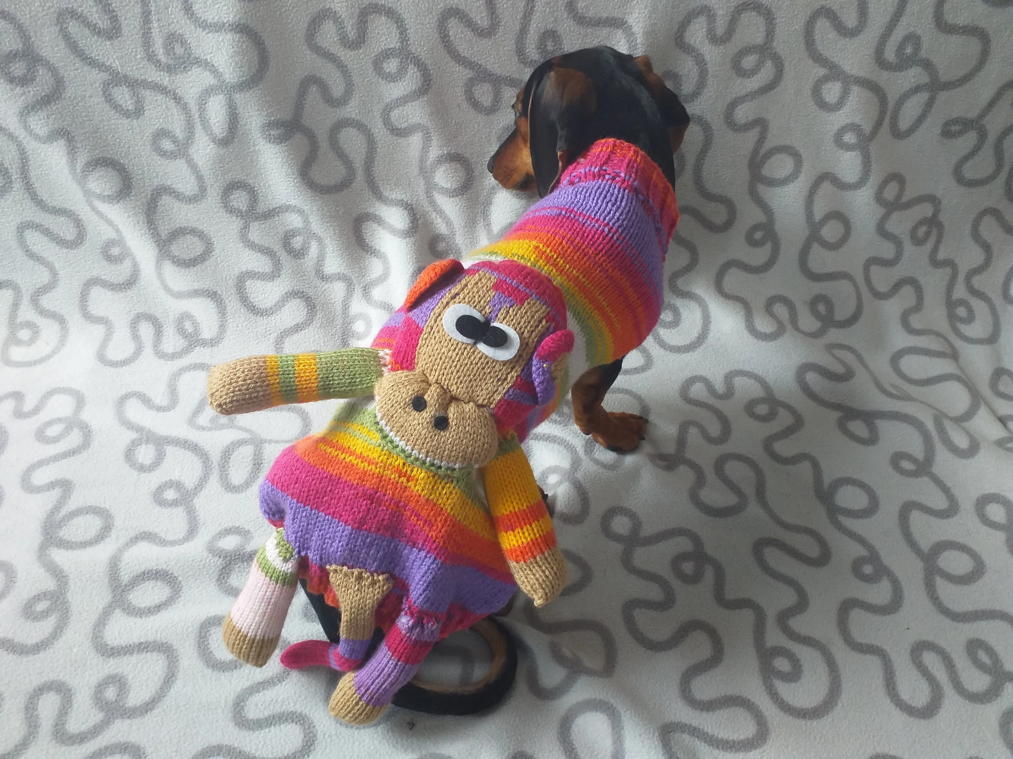 Pet clothes costume with toy monkey, dog sweater monkey, jumper for dachshund monkey