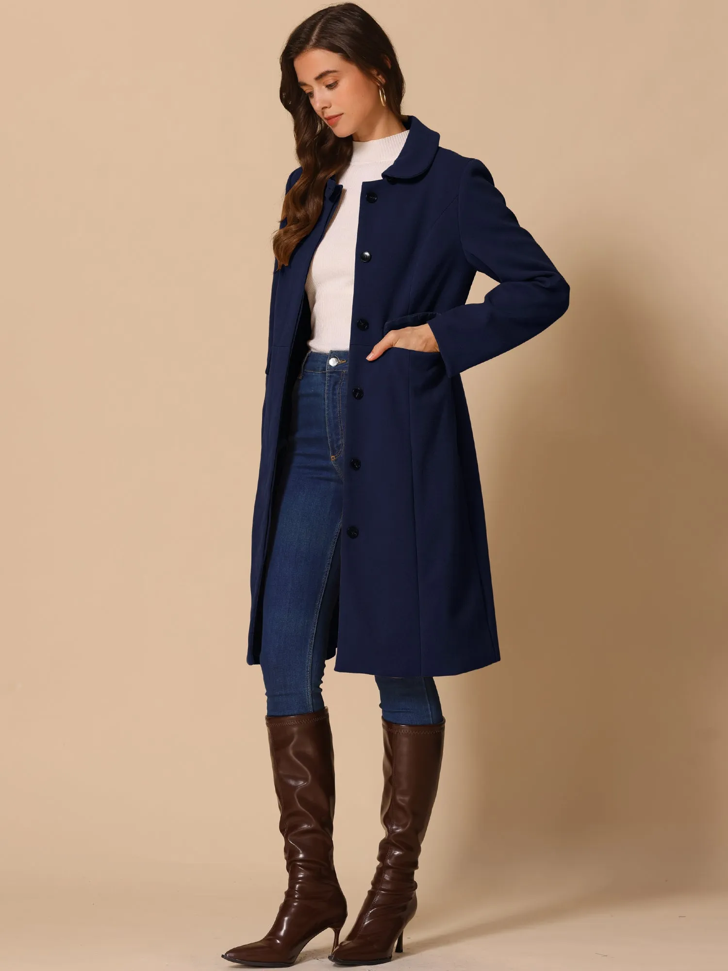 Peter Pan Collar Button Down Long Sleeve Pockets Long Winter Coat