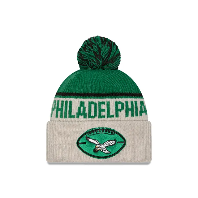 Philadelphia Eagles NFL New Era Men's Green Beige 2024 Sideline Historic Sport Knit Pom Hat