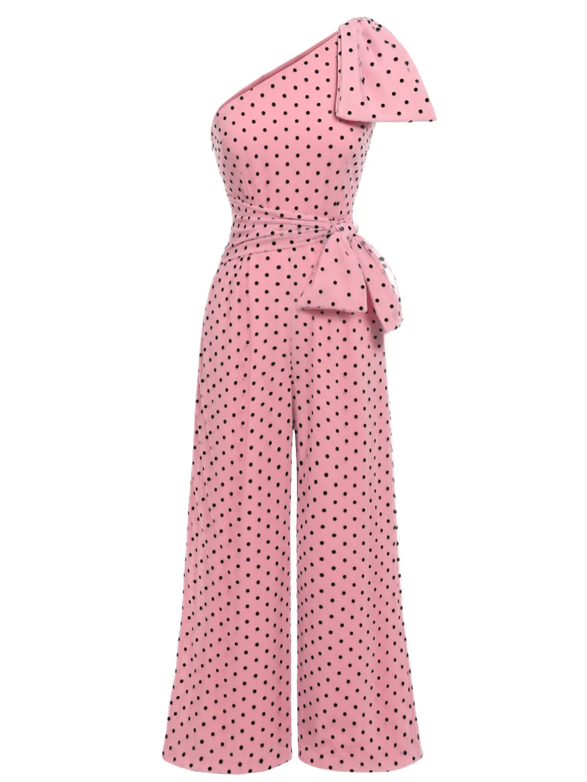 Pink 1930s Polka Dot One-shoulder Jumpsuit