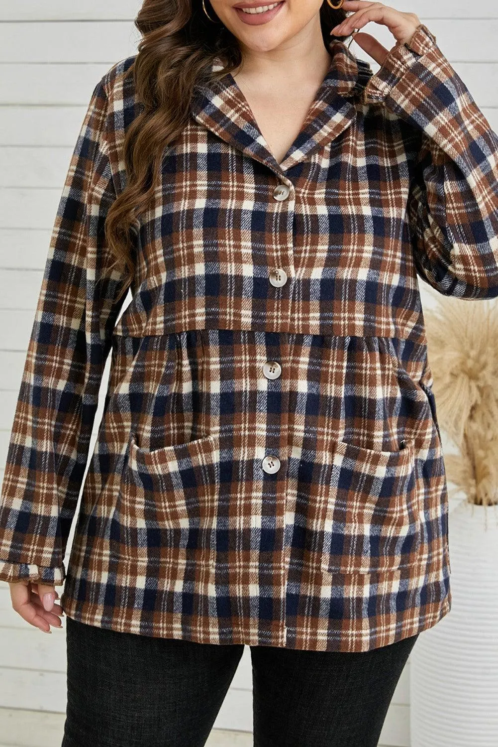 Plaid Print Button-up Turn Down Collar Plus Size Coat