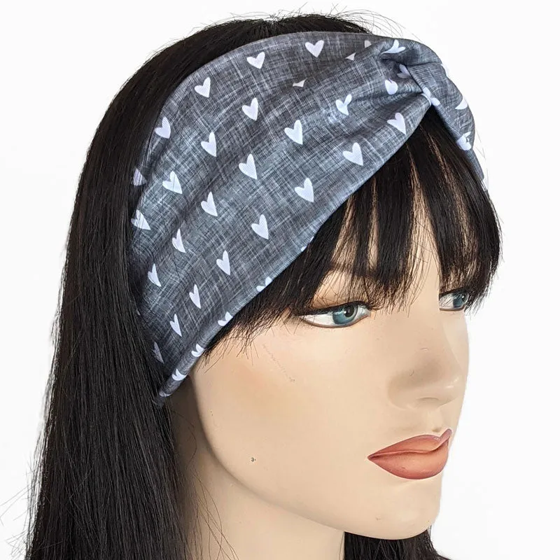 Premium, wide turban style comfy wide jersey knit  headband, white hearts on grey