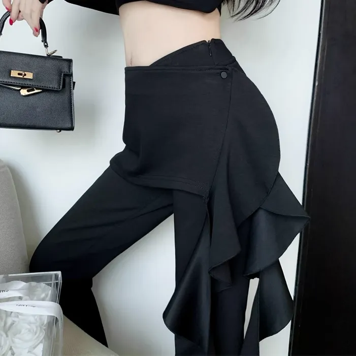 Removable Ruffle Waist Slim Flared Pants