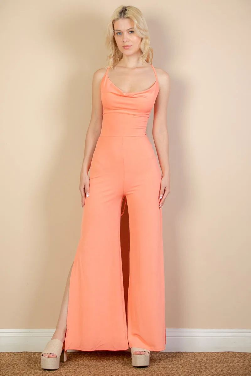 Ribbed Cowl Neck Backless Split Wide Leg Jumpsuit (CAPELLA)