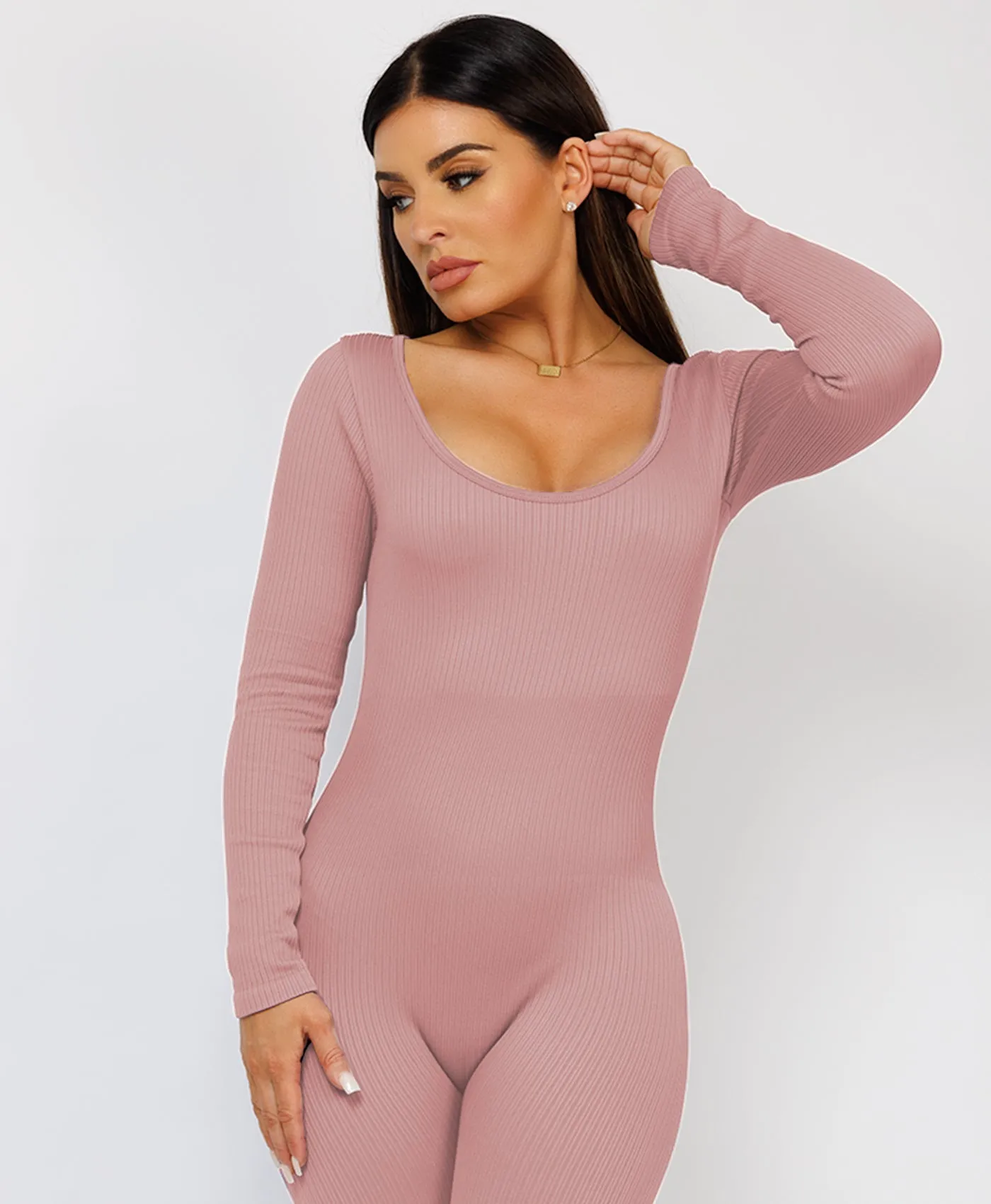 Rose Pink Elastic Ribbed Round Neck Jumpsuit