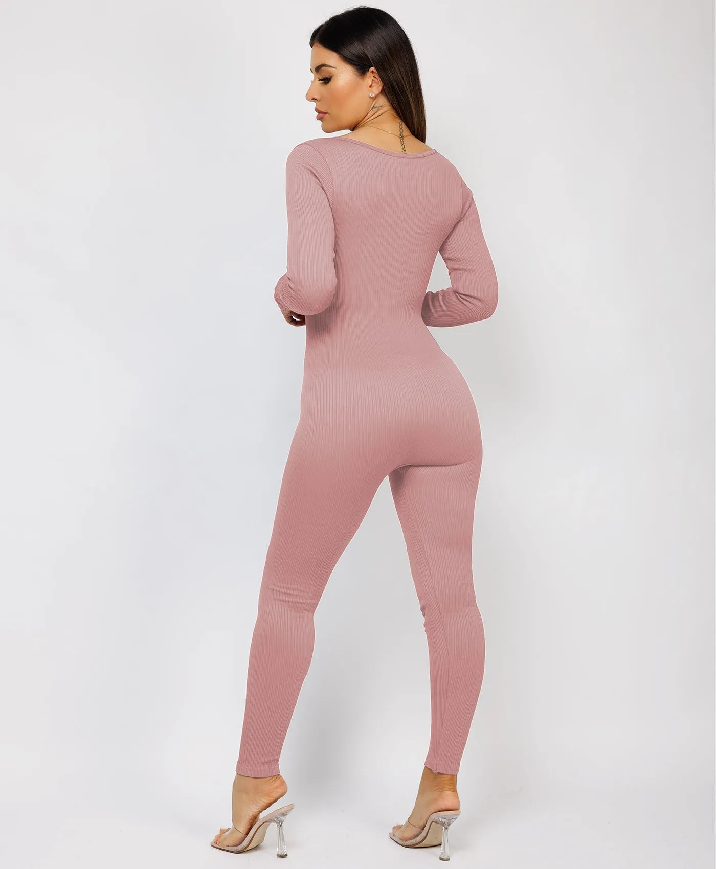 Rose Pink Elastic Ribbed Round Neck Jumpsuit