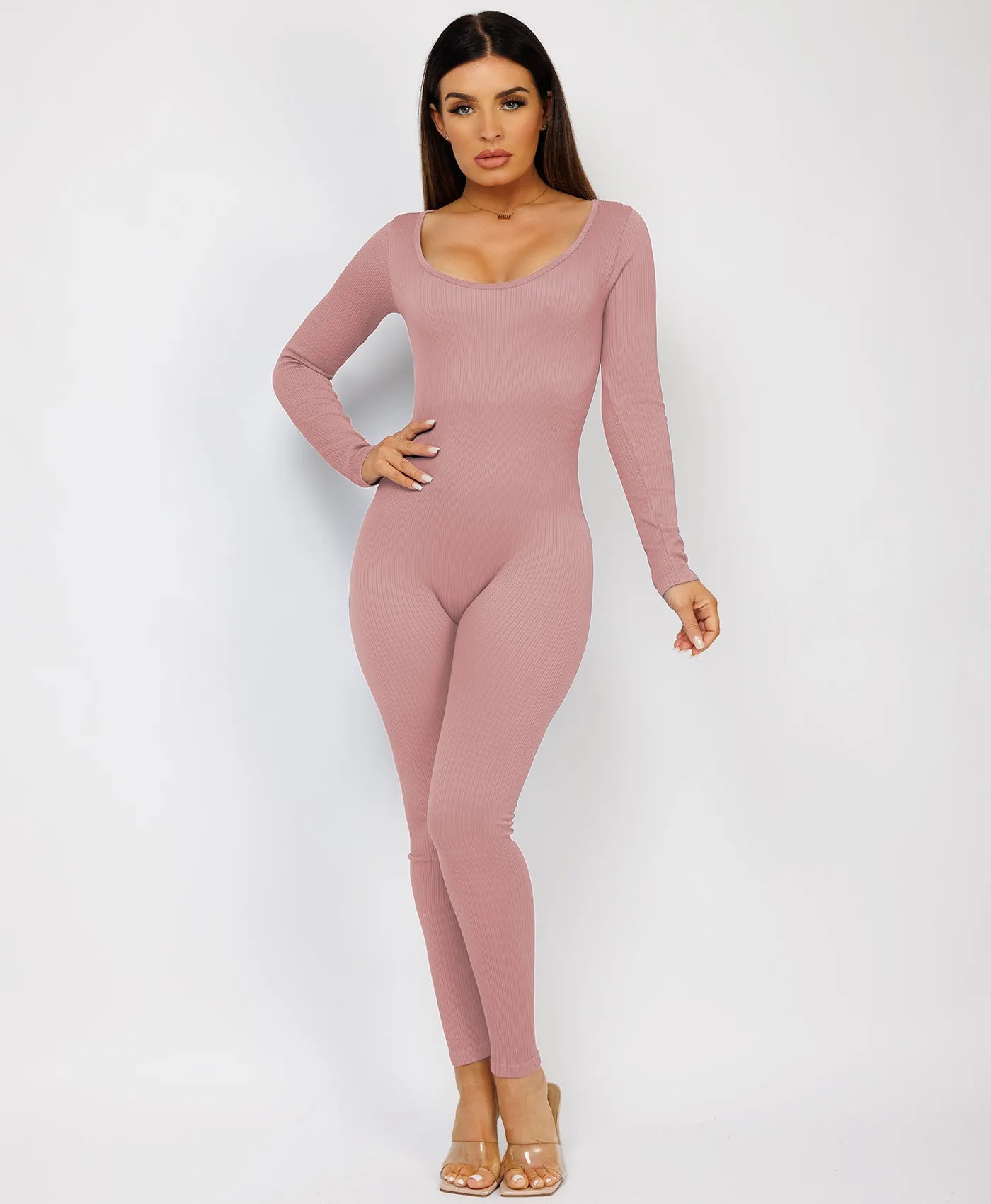 Rose Pink Elastic Ribbed Round Neck Jumpsuit